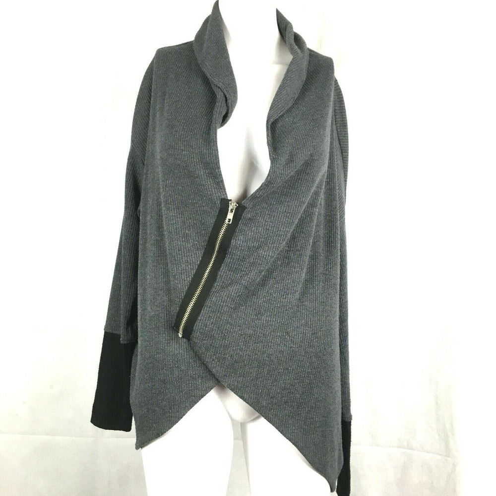 John Eshaya Cardigan Womens Sz OS Gray‎ Knit Zip Up V-Neck Angled Hem Sweater